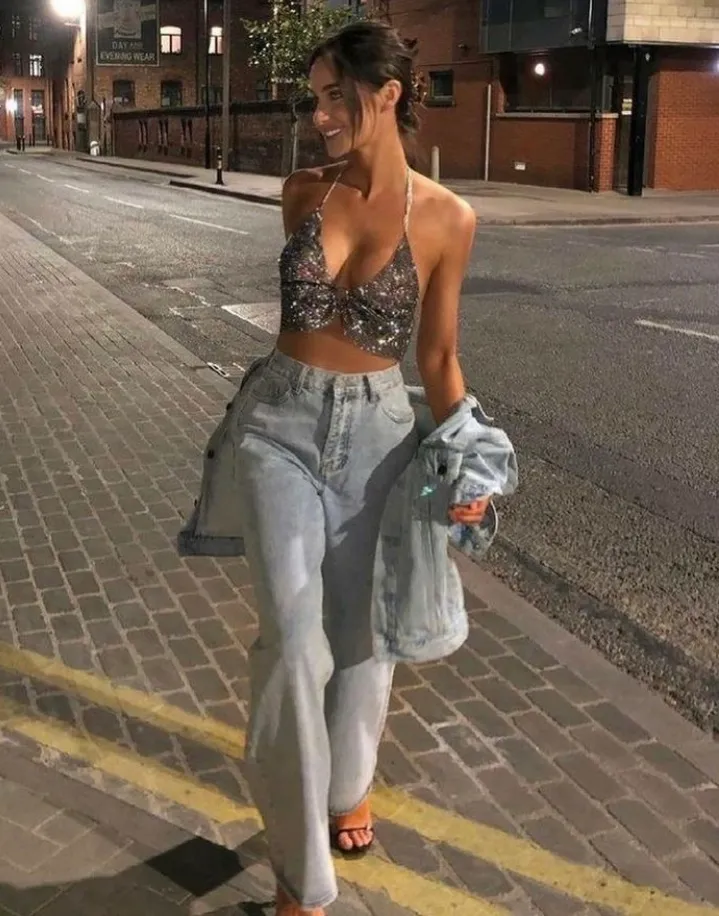 Sparkly Crop + Low-Rise Jeans
