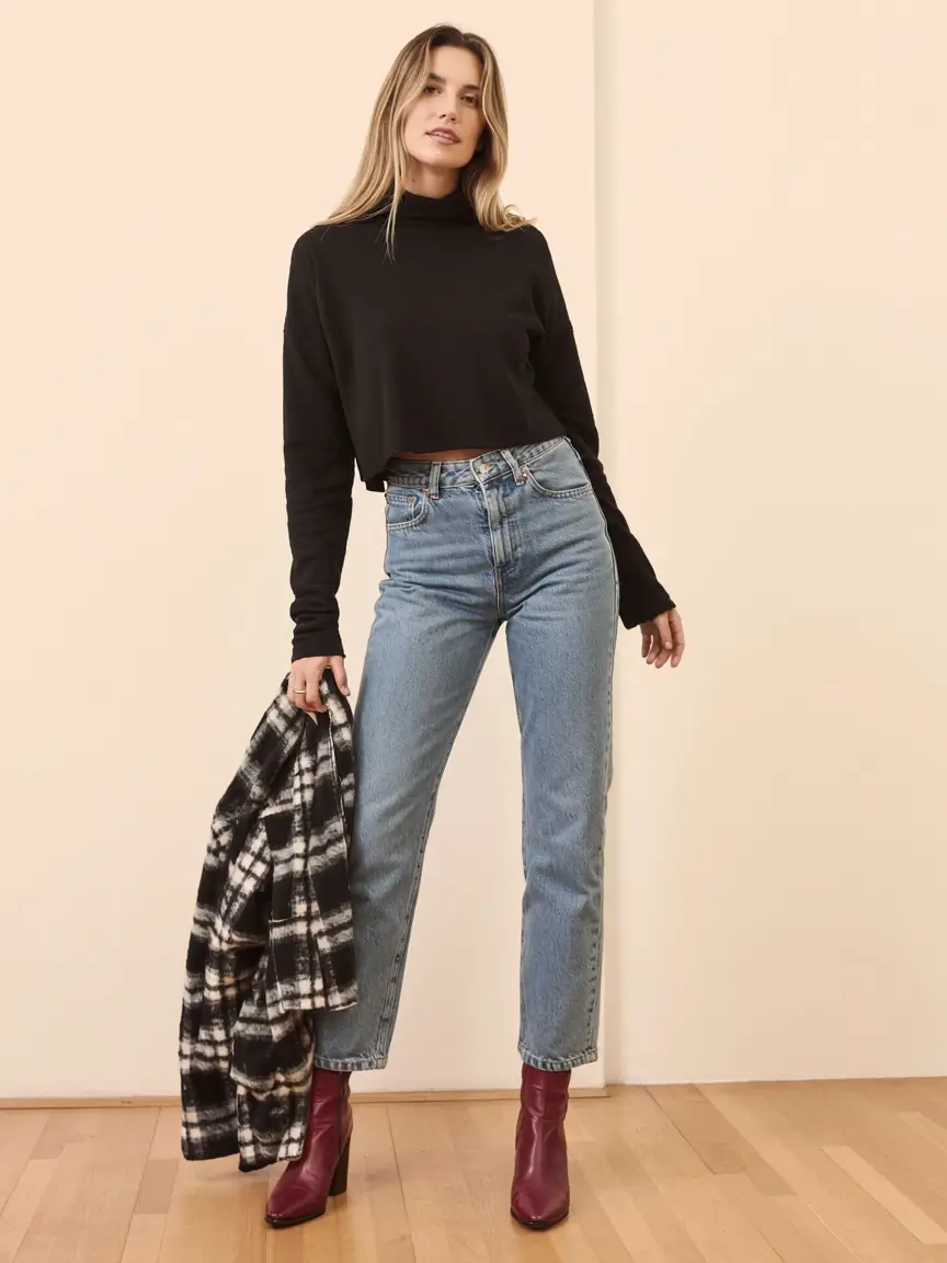 Black Cropped Knit and Burgundy Boots