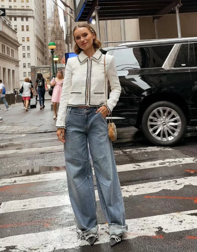 Tweed Jacket + Wide-Leg Jeans