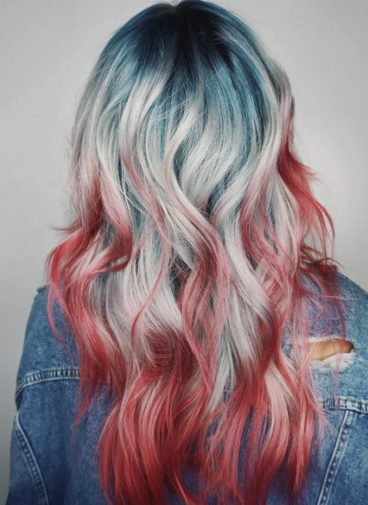 Vibrant Wavy Tresses with Red, White, and Blue Ombre for Medium to Long Hair
