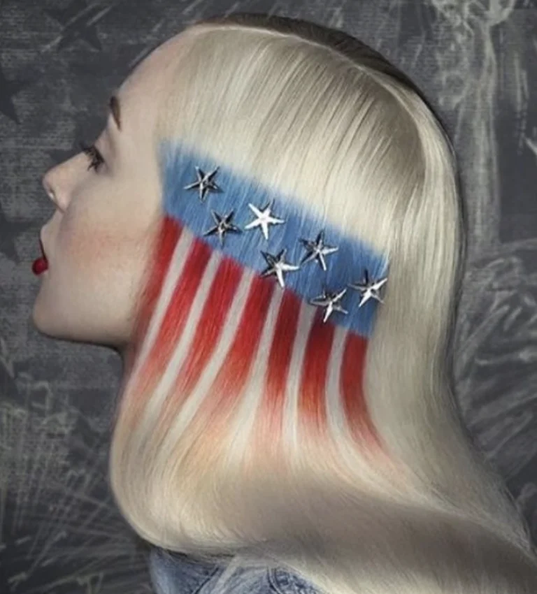 Bold and Patriotic 4th of July Hair with Long Straight Locks and Star Accents