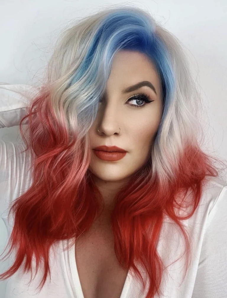 Vibrant Long Wavy Hairstyle with Patriotic Blue, White, and Red Ombre