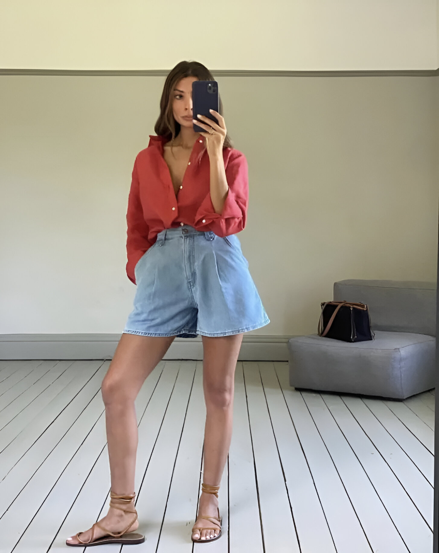 Shirt + Denim Shorts + Sandals