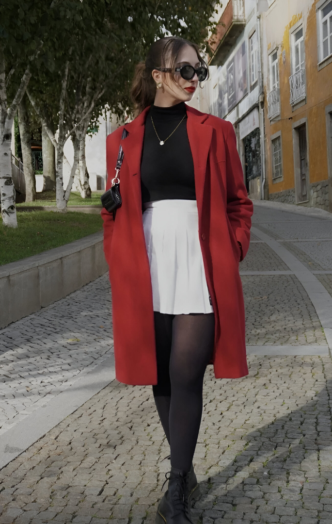 Red Overcoat + Black Turtleneck