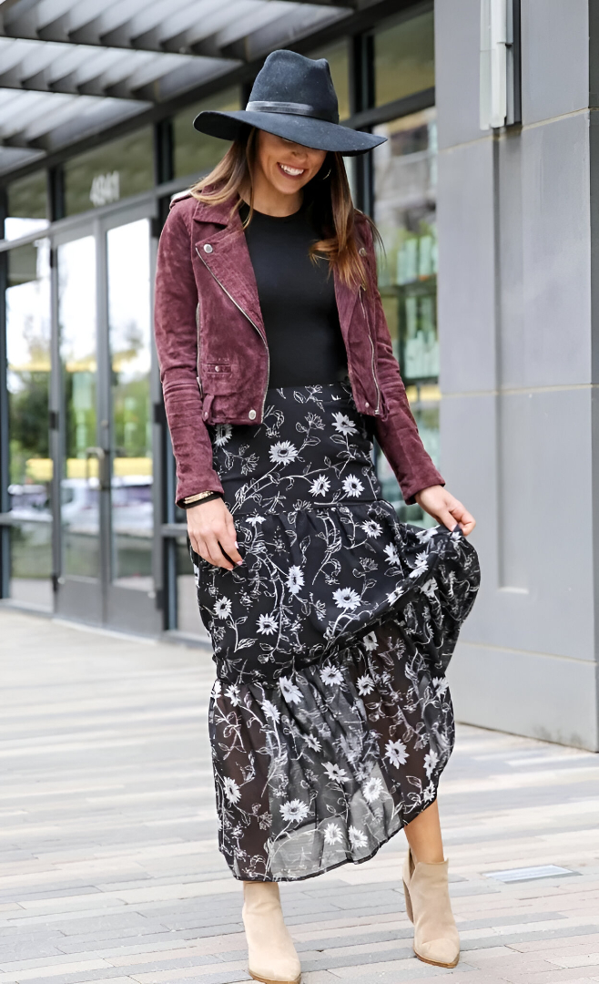 Black Turtleneck Sweater + Brown Pleated Satin Skirt + Black Ankle Boots
