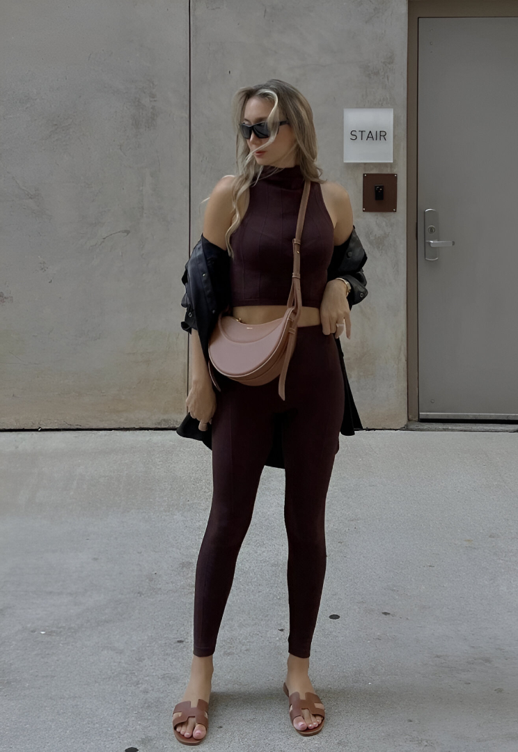 Burgundy Crop Top + Matching Leggings + Black Oversized Jacket + Tan Slide Sandals