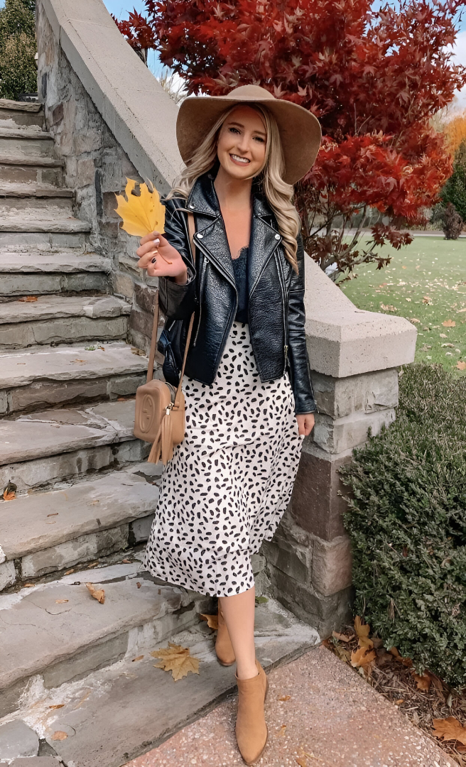 Black Leather Jacket + Animal Print Midi Skirt + Tan Ankle Boots + Wide-Brimmed Hat