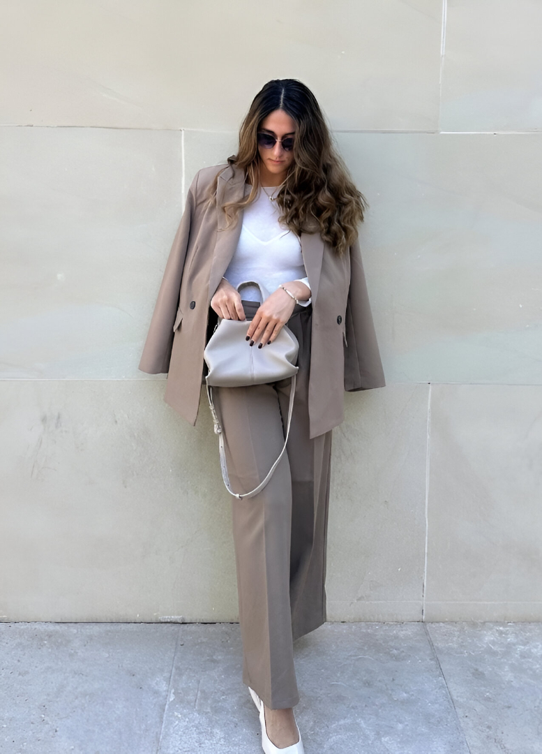 Beige Oversized Blazer + Cream Fitted Top + Tailored Beige Trousers + White Pointed-Toe Heels