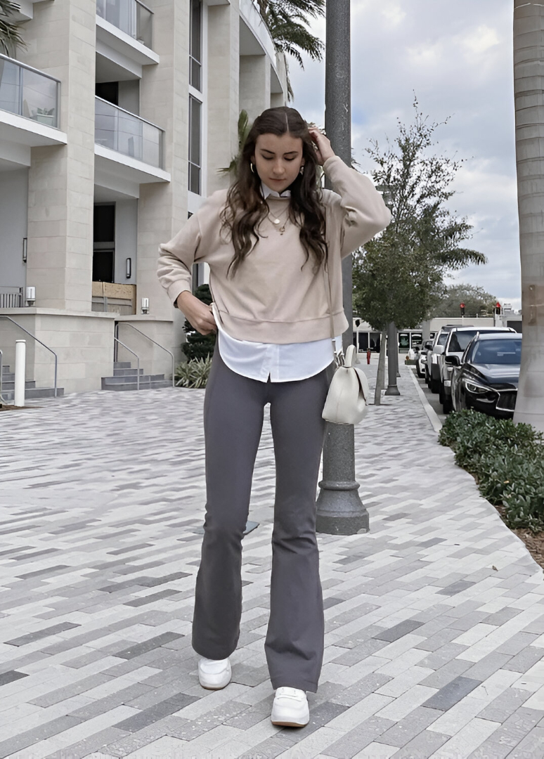 Beige Cropped Sweatshirt + White Button-Up Shirt