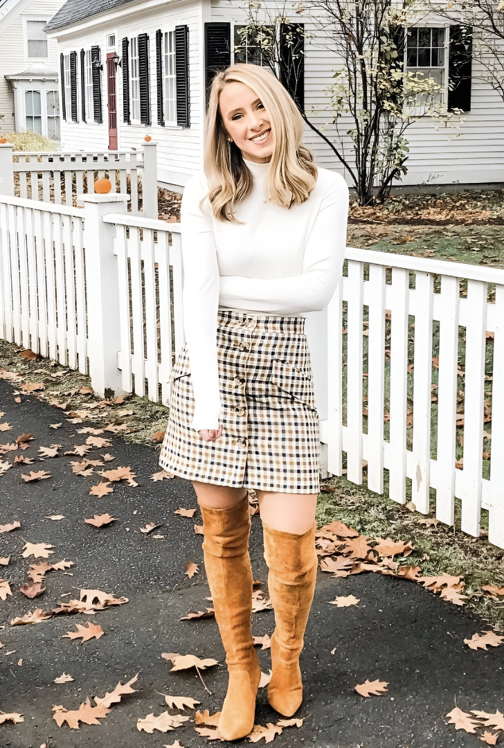 Cream Long Sleeve Top + Plaid Mini Skirt