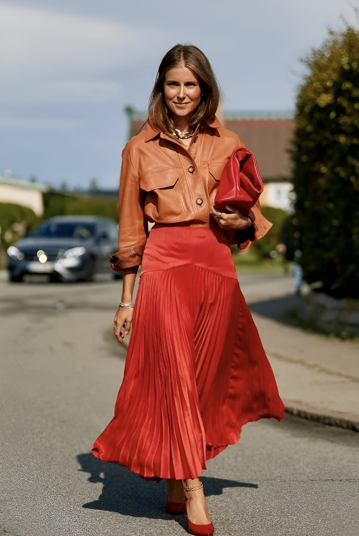 Rust Orange Leather Button-Up + Red Pleated Midi Skirt + Red Heels