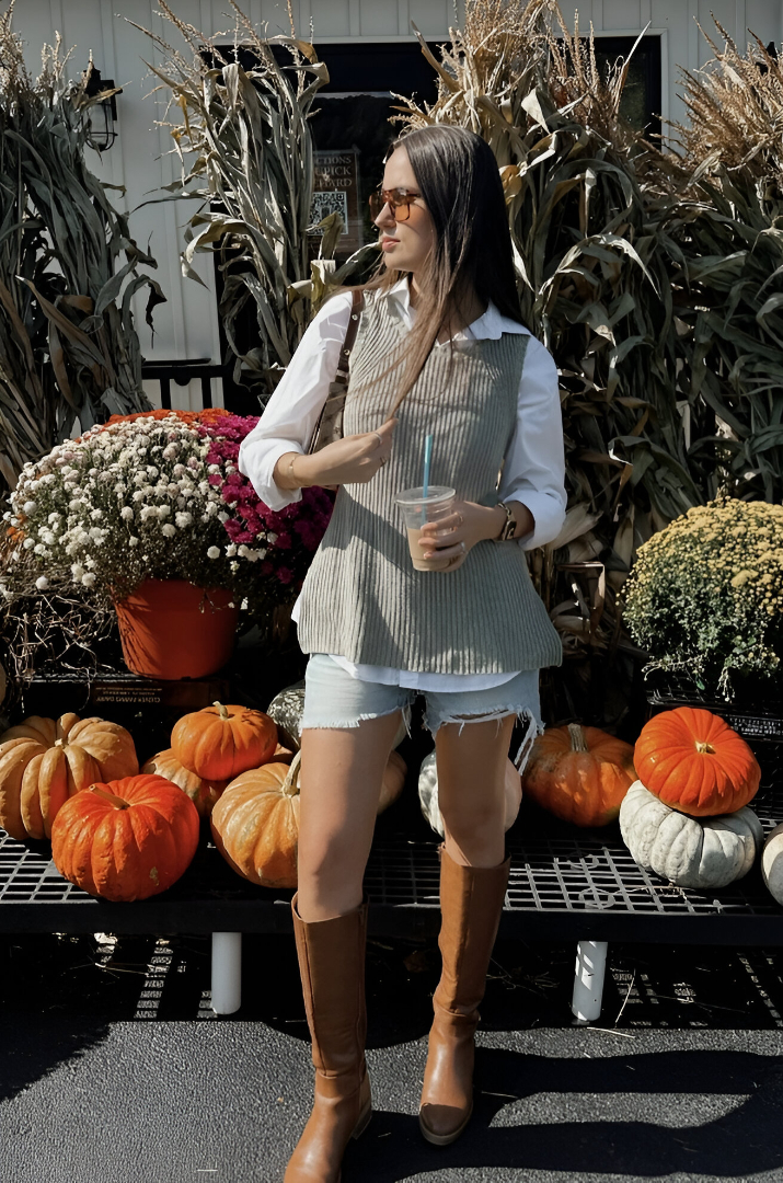 Soft Knit Tunic + Classic White Button-Up Shirt + Distressed Denim Shorts + Tall Brown Riding Boots