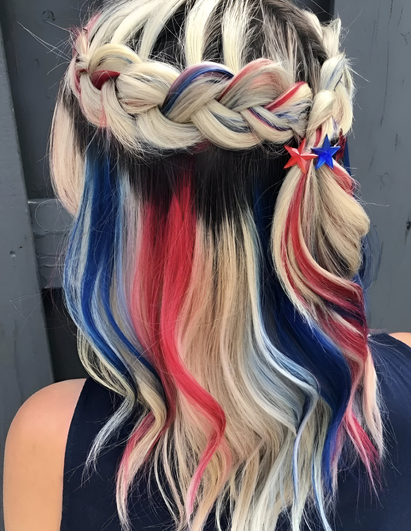 Chic Half-Up Braided Crown with Vibrant Red, White, and Blue Highlights
