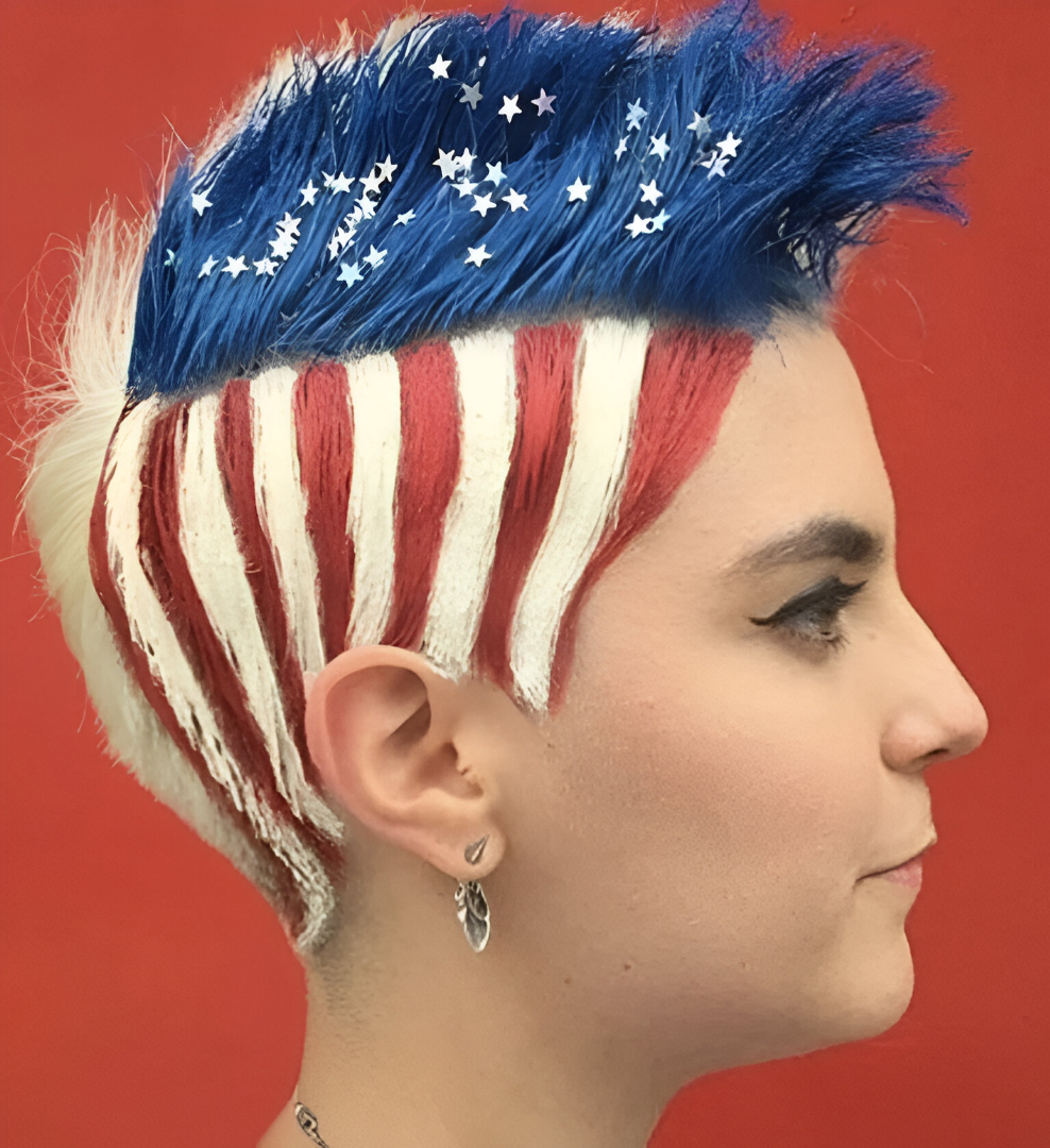 Vibrant Patriotic Mohawk with Bold Red and Blue Stripes for Short Hair