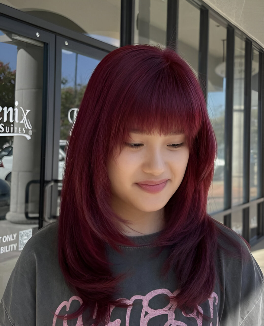 Long Layered Hairstyle with Bold Burgundy 